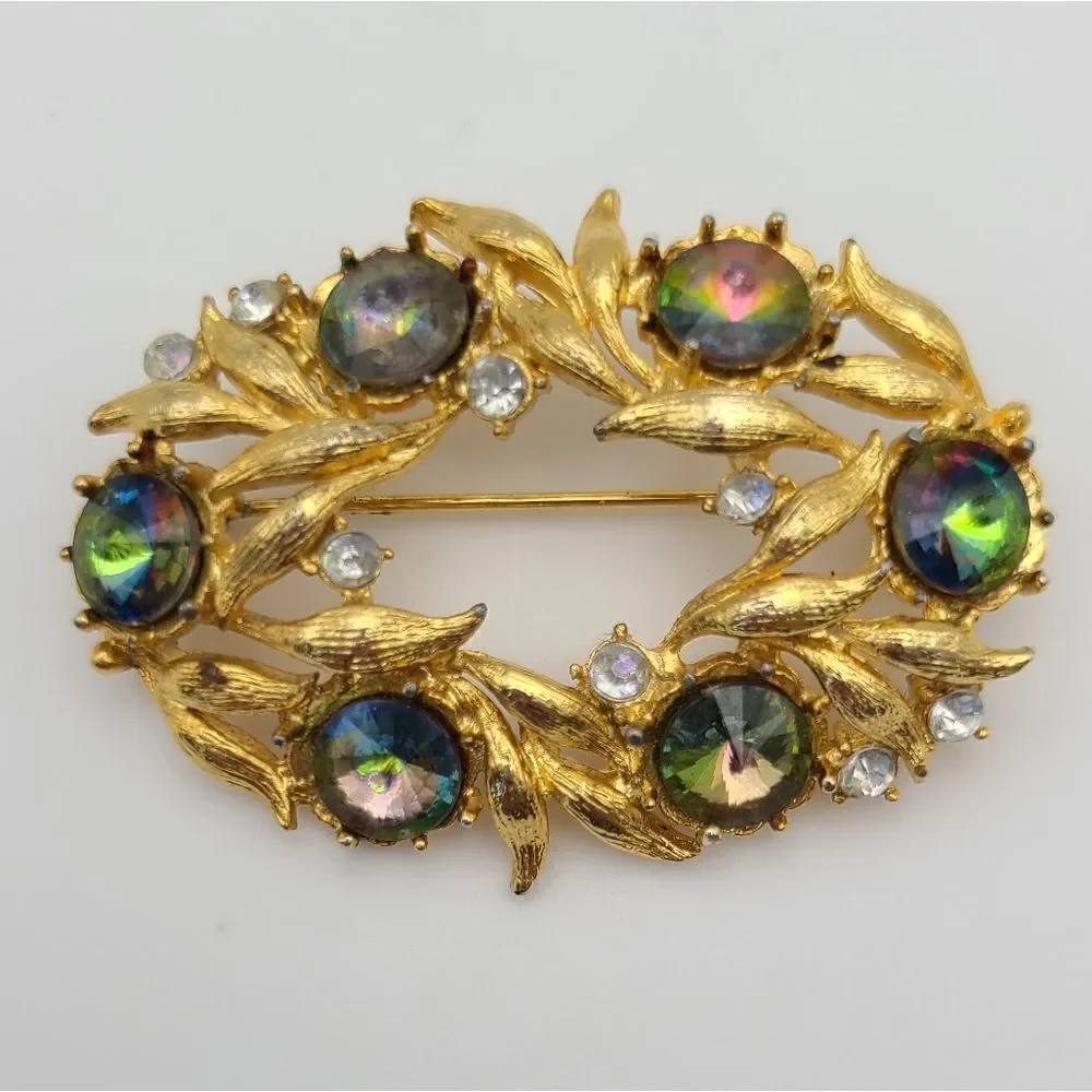 Vintage AB Rhinestone  oval Brooch Pin